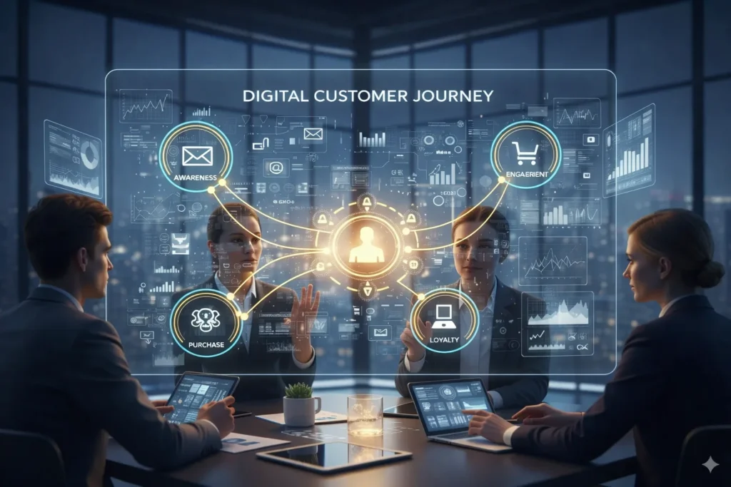 Digital customer journey mapping visualization showing awareness, engagement, purchase, and loyalty stages on a holographic dashboard used by a marketing team in a modern office.