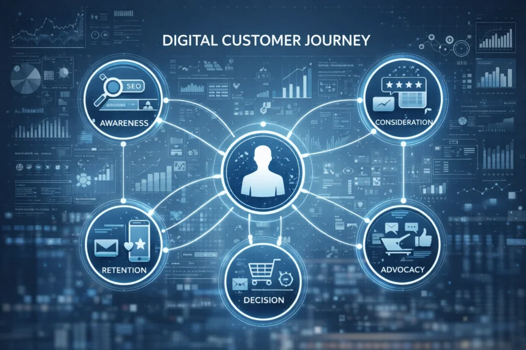 This image visually shows how a customer moves through key stages of the digital customer journey, from awareness to advocacy, using connected digital marketing touchpoints.